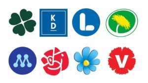 Partisymboler riksdagspartier augusti 2026, i alfabetisk ordning